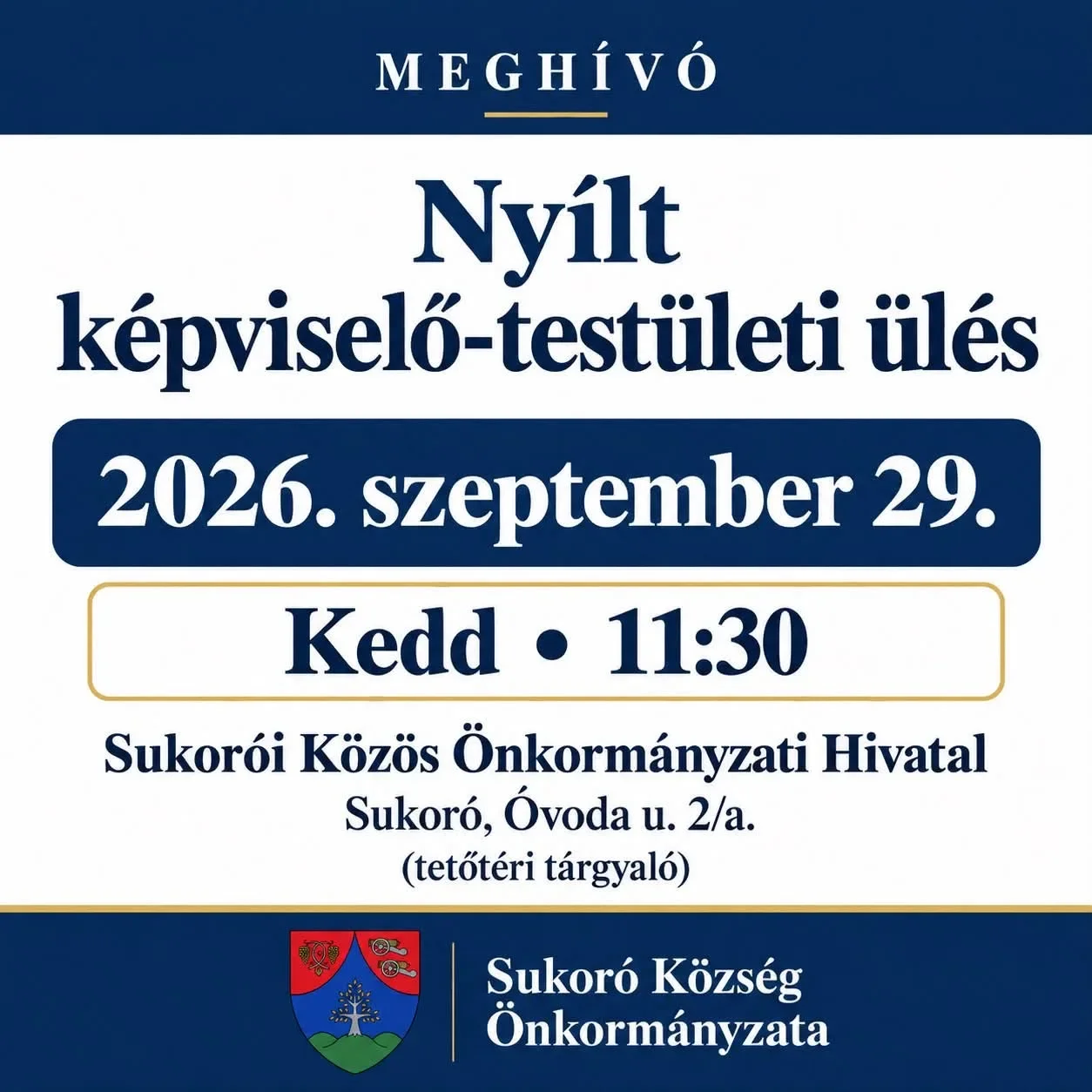 Meghívó nyílt képviselő-testületi ülésre Sukorón